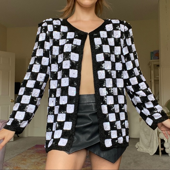 Vtg BW Chess Checkered Sequin Jacket Cardigan - Picture 3 of 11